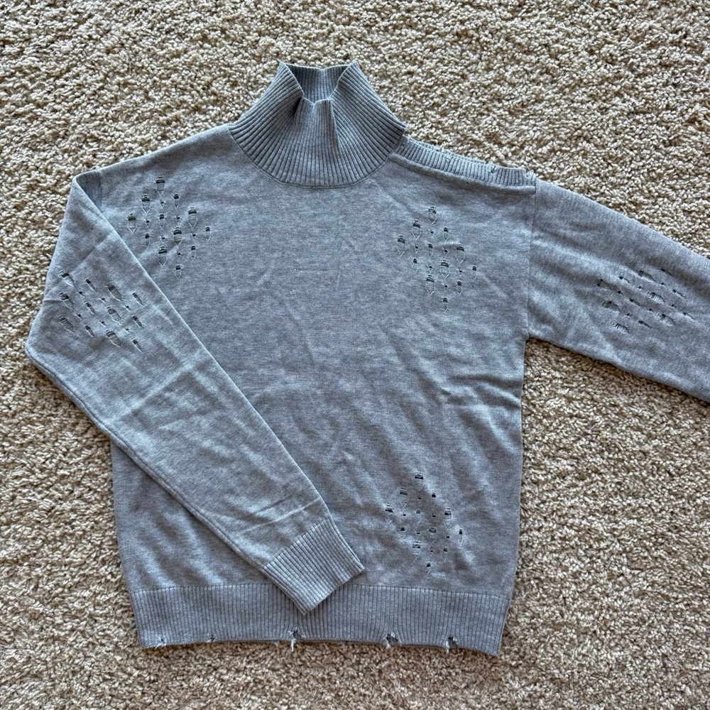SANTO Distressed Gray Open Shoulder Cotton Blend Turtleneck Sweater Ribbed Edges